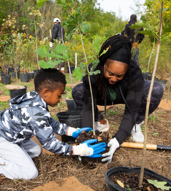 Adult and child planting a tree together